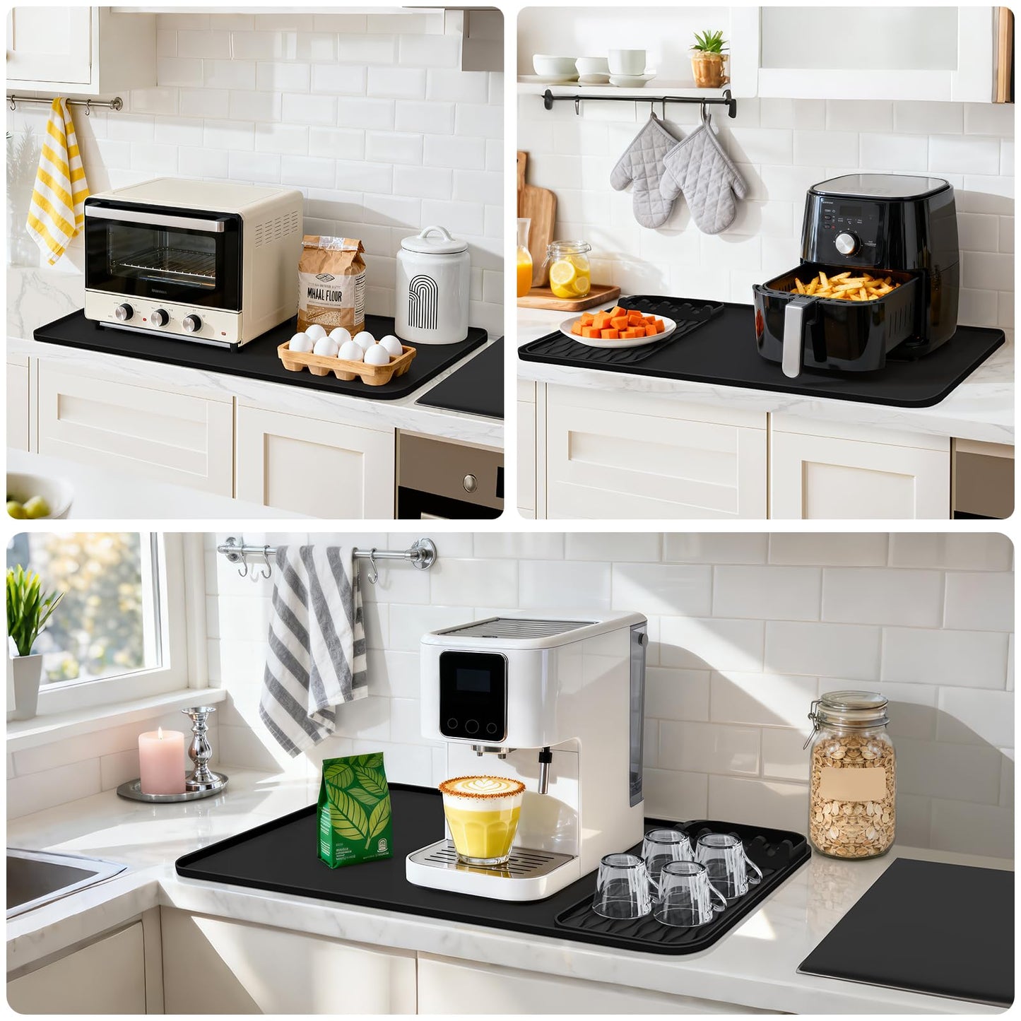 Silicone Coffee Mat 40 * 65 cm Coffee Maker Mat & Bar Mat Leak-Proof Spill-Proof Raised Edges 2 in 1 Removable Countertops Fits Under Coffee Maker for Bars/Restaurants/Cafe/Coffee Shop (Black)