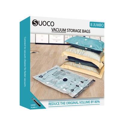 Vacuum Storage Bags 8 Jumbo, Space Saver Bags with Travel Hand Pump, Compression Airtight Sealer Bags for Clothes, Bedding, Pillows, Comforters, Blankets