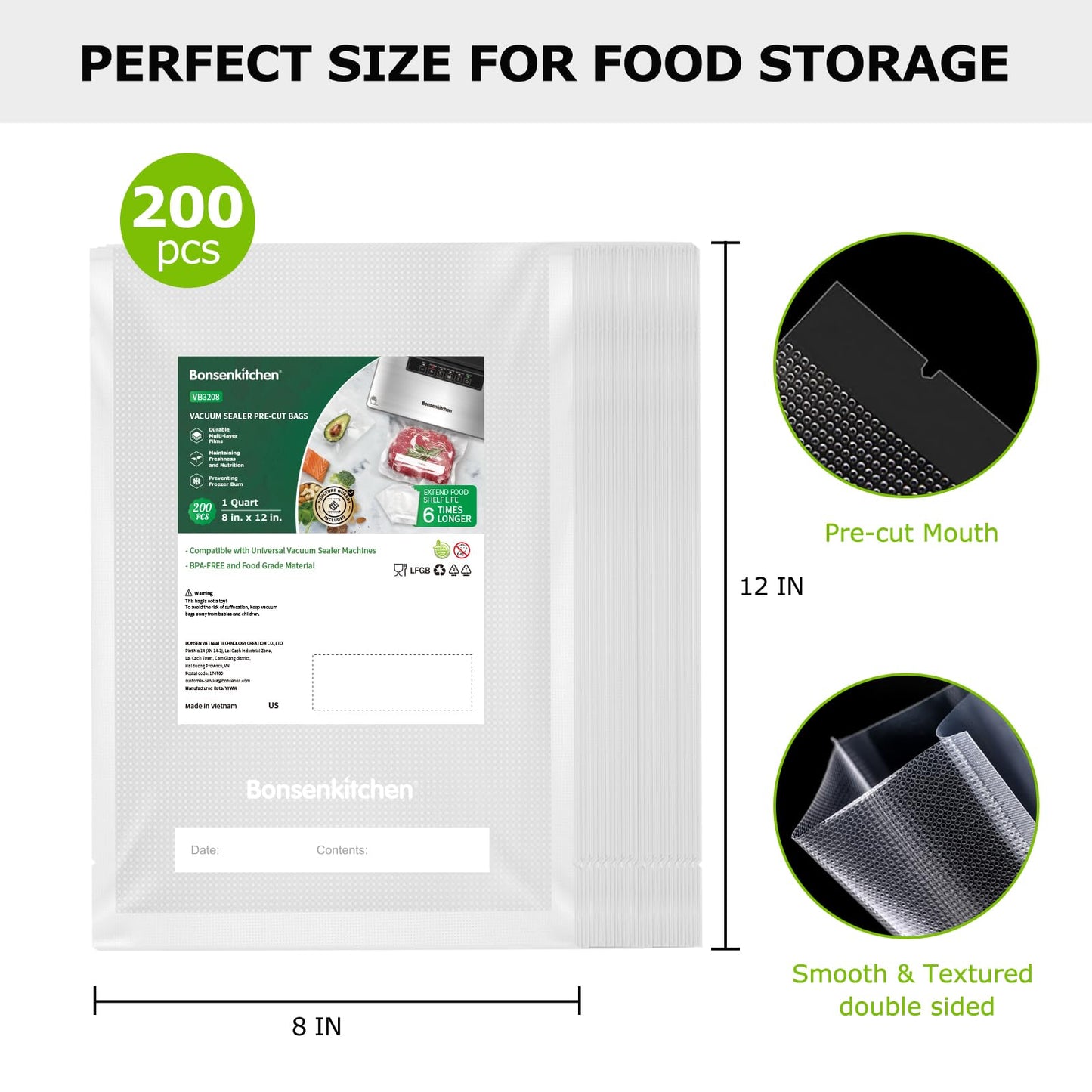 Bonsenkitchen Vacuum Food Sealer Bags 200 Quart 8" x 12", BPA Free, Commercial Grade Textured Food Vacuum Sealer Bag, Thick Embossed Bags for Food Storage and Sous Vide Cooking VB3208