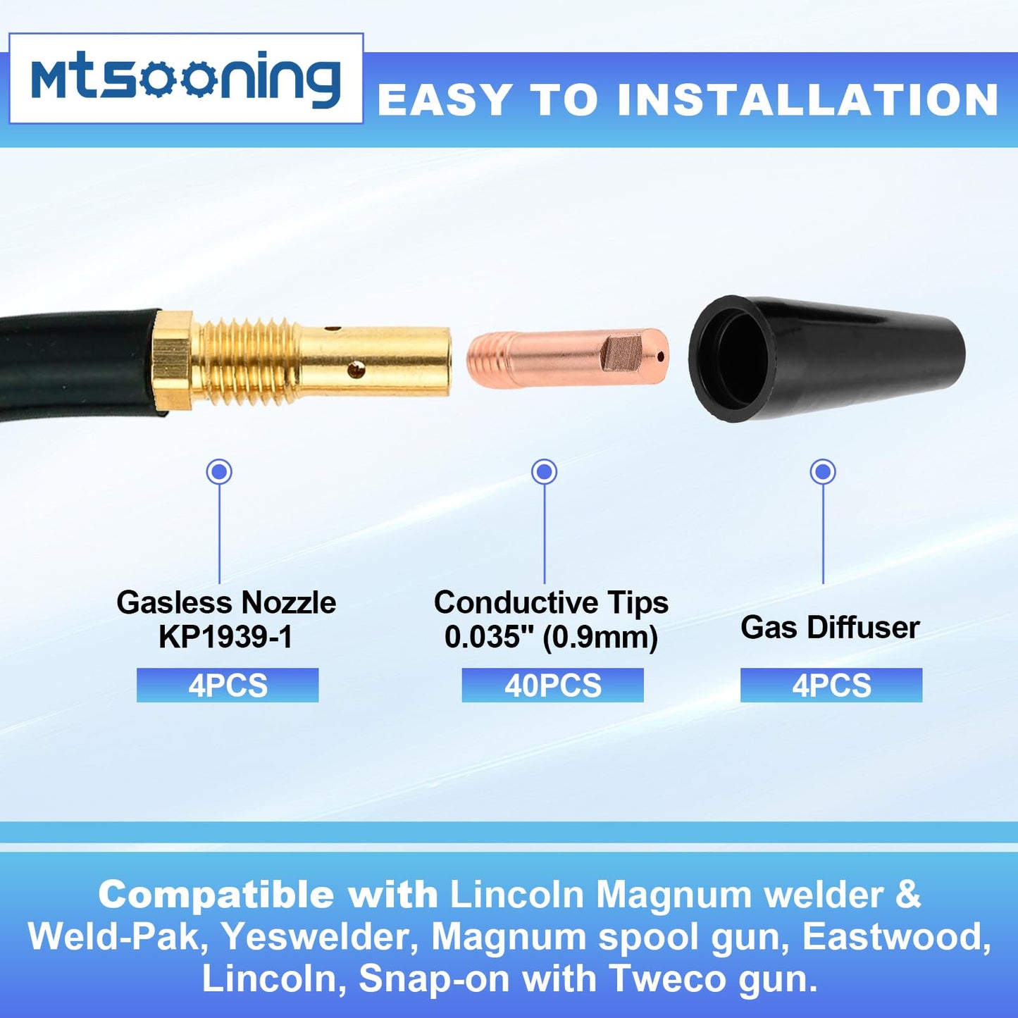 Mtsooning 48PCS Flux Core Gasless Nozzle Tips Kit KP1939-1, 0.035" (0.9mm) Flux Core Welder Gun Welding Mig Contact Tips Gasless Nozzle Gas Diffusers Replacement for Lincoln Magnum 100L & Weld-Pak MIG