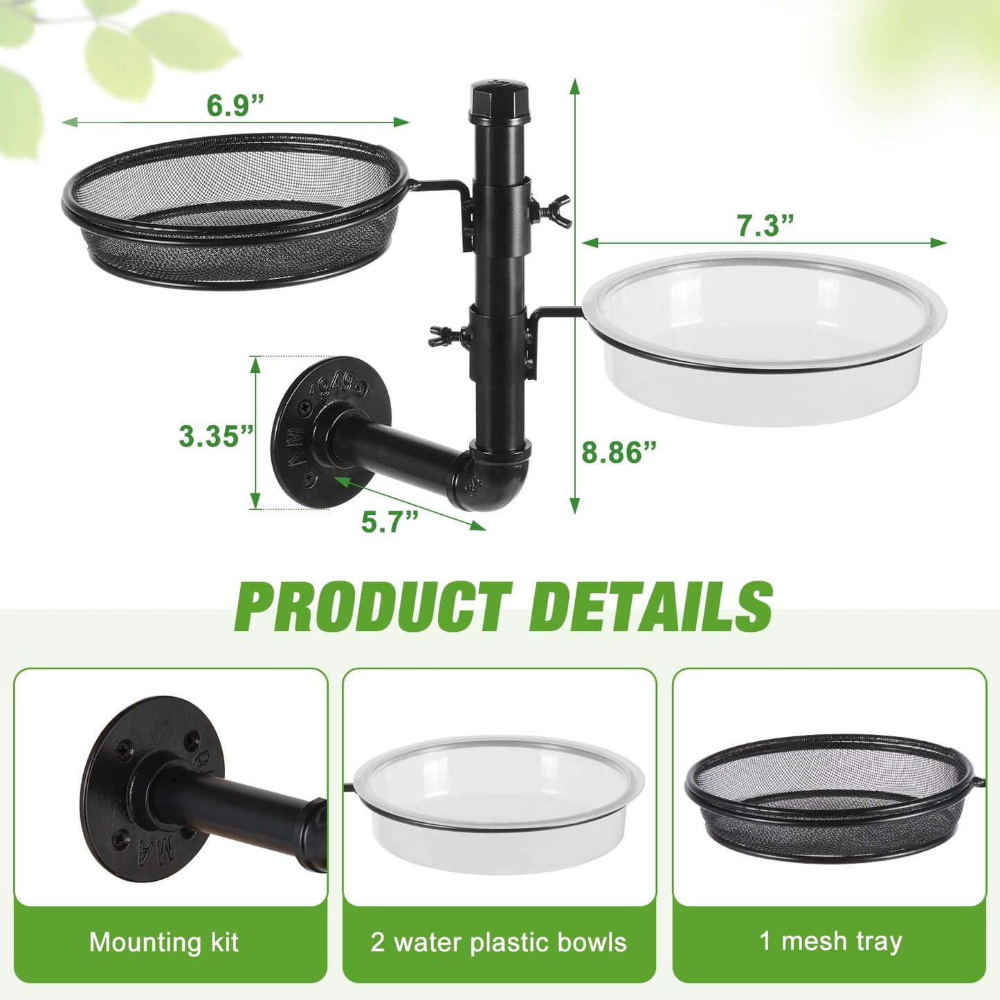 Urban Deco Wall Mounted Bird Feeder Tree Mount Bird Feeder Bird Feeder Bath Detachable Feeder Tray with 2 Water Bowls for Balcony, Yard, and Fence, Tree,Black