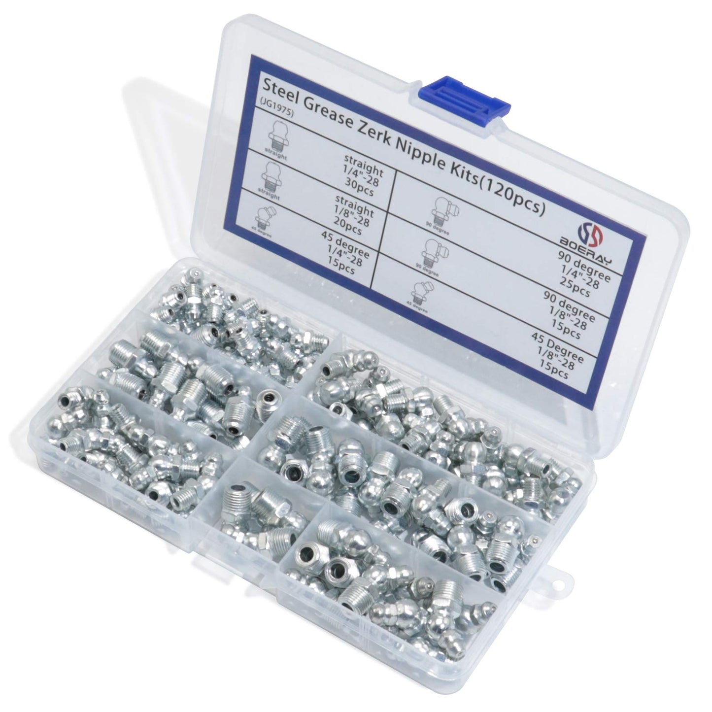 Boeray Hydraulic Grease Fitting SAE Standard 120pcs Assortment Kits - 1/4"-28 1/8"-28 Straight and 90 Degree and 45 Degree Steel Zerk Grease Nipple Fitting