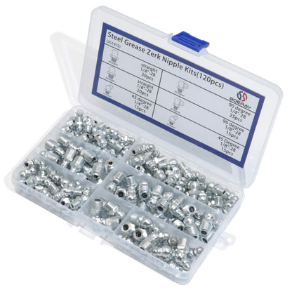 Boeray Hydraulic Grease Fitting SAE Standard 120pcs Assortment Kits - 1/4"-28 1/8"-28 Straight and 90 Degree and 45 Degree Steel Zerk Grease Nipple Fitting