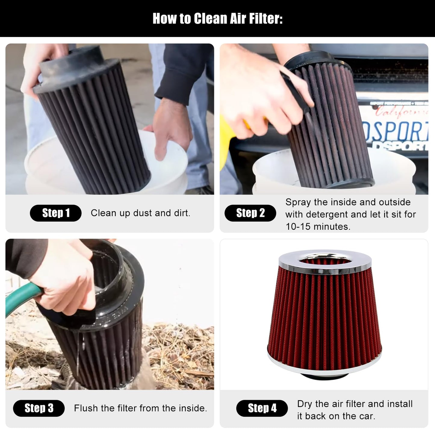 RYANSTAR RACING 63mm 2.5" High Flow Round Tapered Cone Cool Air Filter Cleaner with Top Filter Design Short 153mm Tall