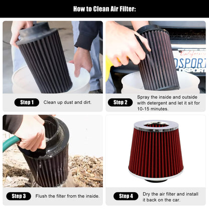 RYANSTAR RACING 63mm 2.5" High Flow Round Tapered Cone Cool Air Filter Cleaner with Top Filter Design Short 153mm Tall