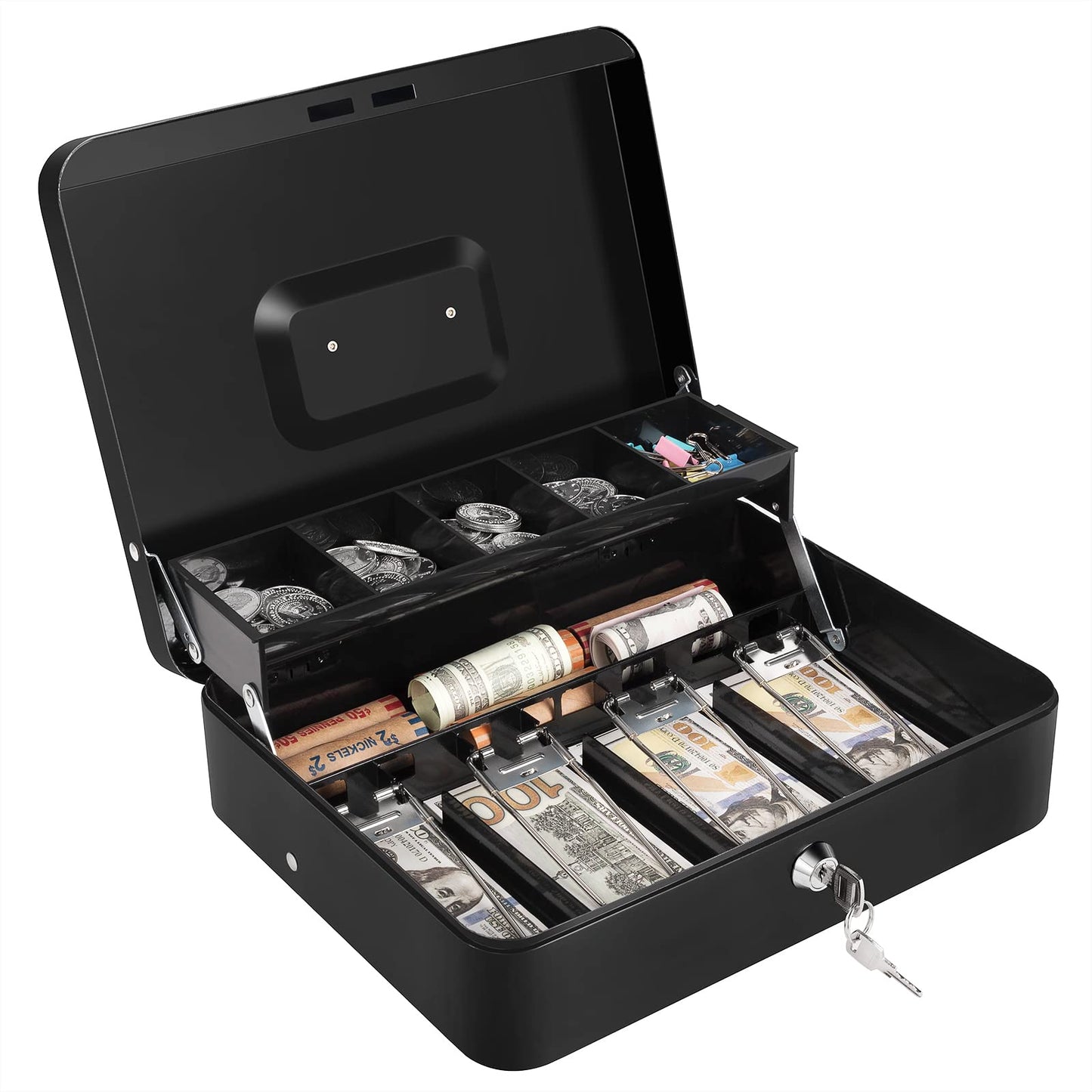 Sumerfnt Cash Box with Money Tray and Lock Money Box for Cash, Metal Locking Cash Box - 11.8" x 9.4" x 3.54" Black