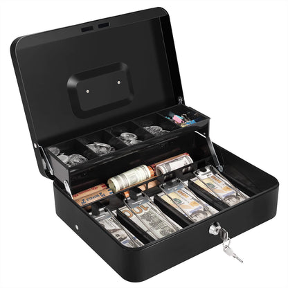 Sumerfnt Cash Box with Money Tray and Lock Money Box for Cash, Metal Locking Cash Box - 11.8" x 9.4" x 3.54" Black