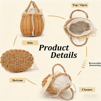 Shoyisenka Picnic Basket, Gift Basket With Handle, Wicker Woven Purse with Drawstring Inner Pouch for Picnics, Home Storage, Wedding Party Decorations and Everyday Use