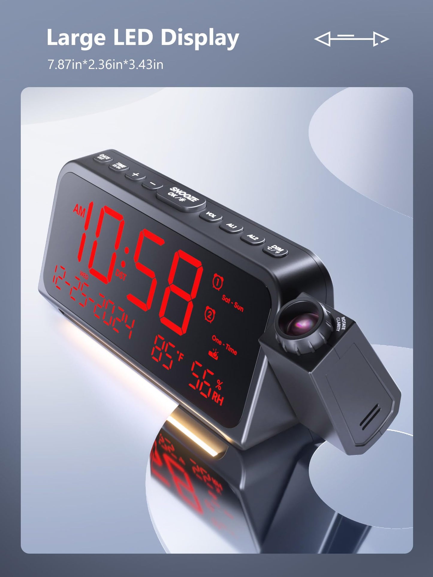 Projection Alarm Clock for Bedroom, Alarm Clock with 350° Rotatable Projector, 5 Brightness, Dual Alarm with Weekday/Weekend Mode, Temp & Humidity, Snooze, Bedside Alarm Clock for Heavy Sleepers（Red