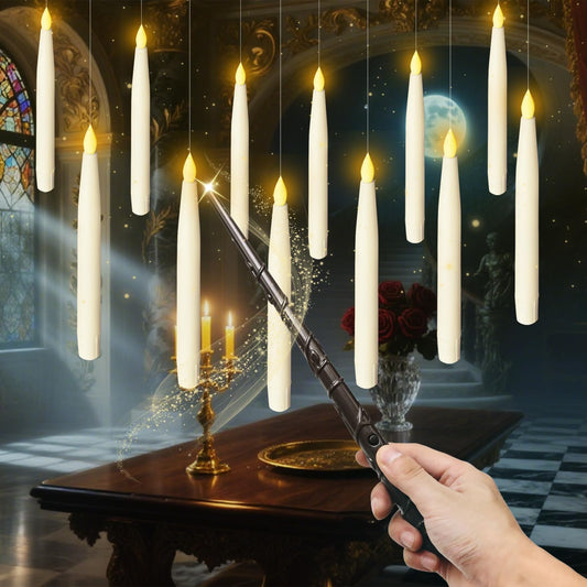 Anxingo 12 Pcs Flameless Floating Candles with Wand, LED Flickering Battery Operated Candles Wizard Hanging Decorative Lighting with Remote Timer for Parties Halloween Christmas