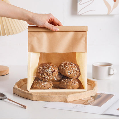 Bakery Bags with Window 50 Pcs, 11x8.66x4.33 Inches Kraft Brown Window Paper Bags with Tin Tie Tab Lock for Bread, Coffee Bean, Cookies, Snack