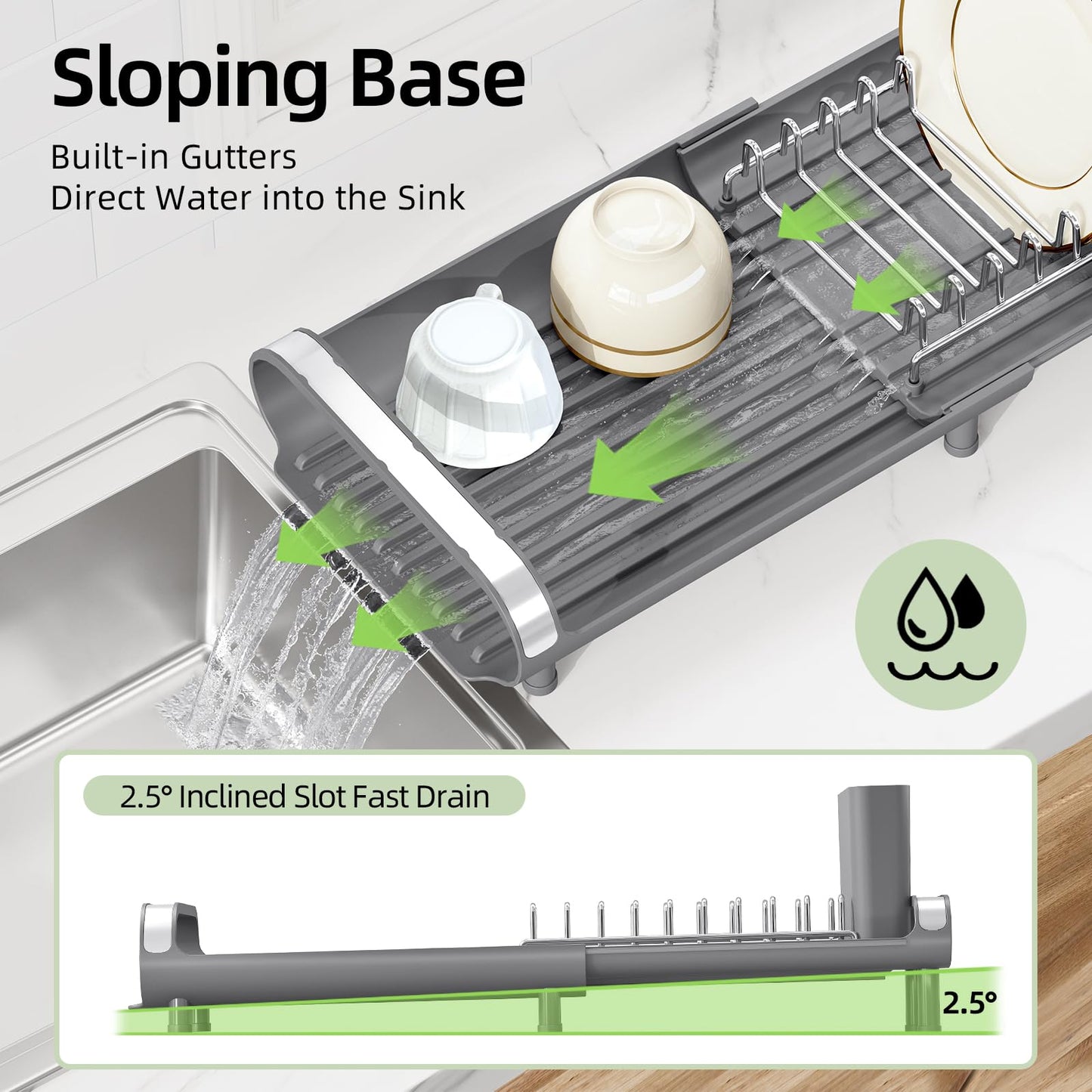 Small Expandable Dish Drying Rack – Compact Stainless Steel Dish Drainer with Removable Cutlery Holder, Anti-Rust Plate Rack for Kitchen Countertop or Sink, Grey