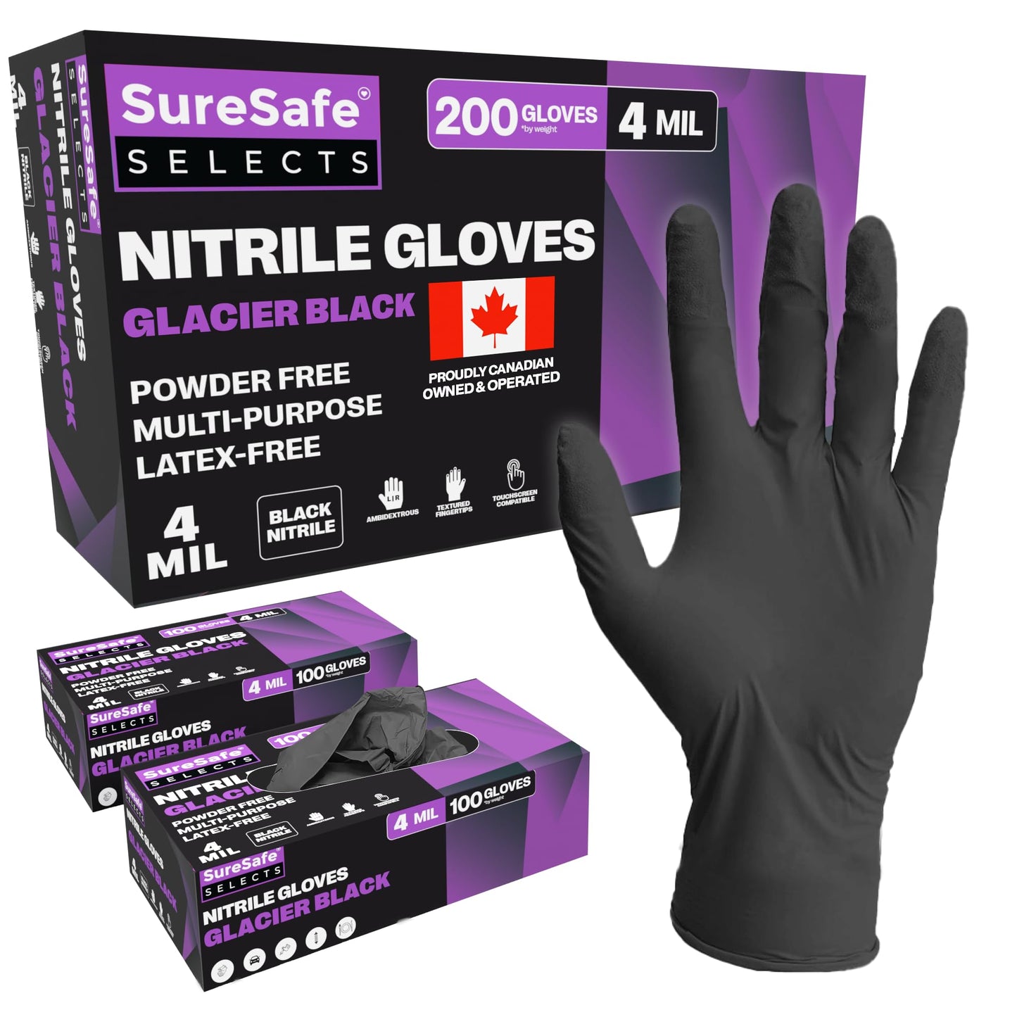 [200 Pack] SURESAFE 4 Mil XL Black Nitrile Gloves,Powder & Latex Free, Textured Fingertips, Tear Resistant, For Cooking, Food Prep, Work, Tattoo, Food Prep Gloves