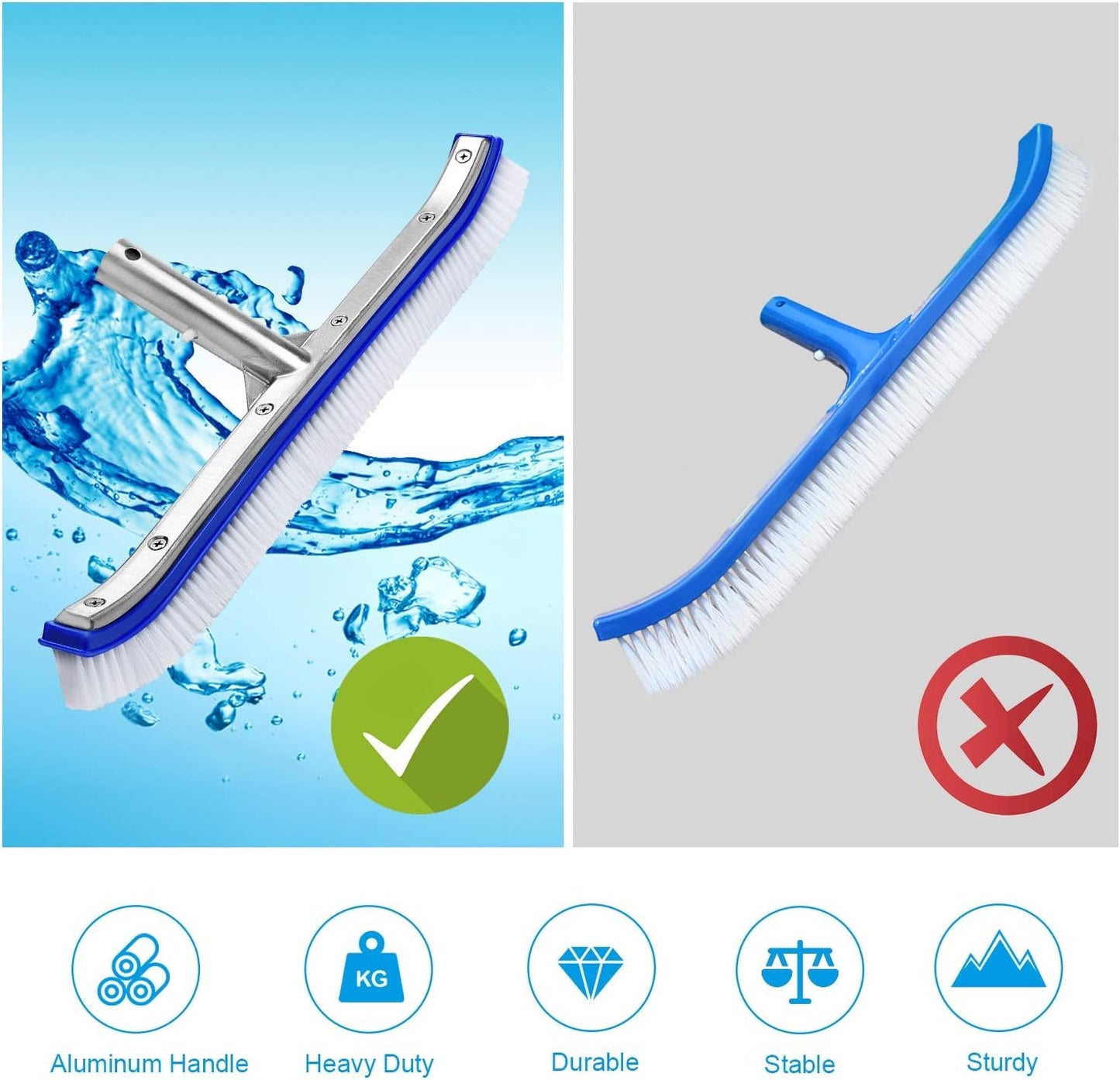 VABNEER Swimming Pool Brush 18 inches Durable Plastic Brush Head with Aluminium Handle and Enhanced Aluminium Back for Swimming Pool, Pond, Spa, Hot Spring, Tubs, Walls, Tile, Floors (Blue