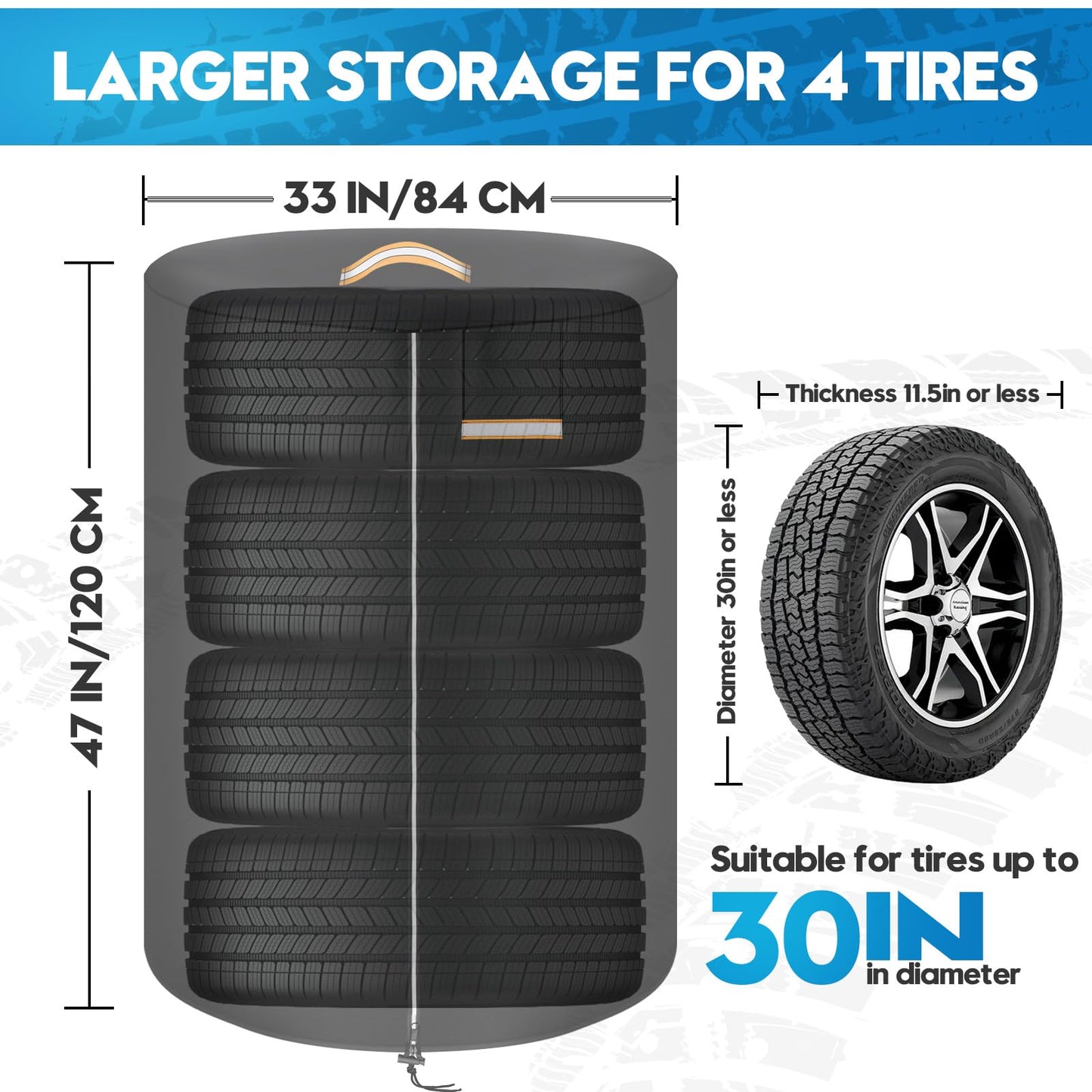 Tire Covers for Storage, Upgrade Tire Storage Bag with Reflective Stripe, Winter Tire Cover Waterproof Dust-Proof Outdoor Indoor with Zipper, Concealed Air Vent, Fit 30 Inch Tires in Diameter