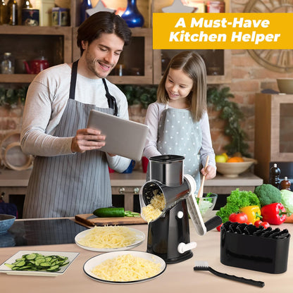 Vihoom Rotary Cheese Grater, 5 in 1 Interchangeable Blades Cheese Shredder, Mandoline Slicer for Kitchen with Cleaning Brush & Bonus Storage Box for Blades (Black)