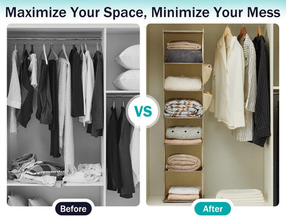 YOUDENOVA Hanging Closet Organizer, 6-Shelf Closet Hanging Storage with Side Pockets, Beige
