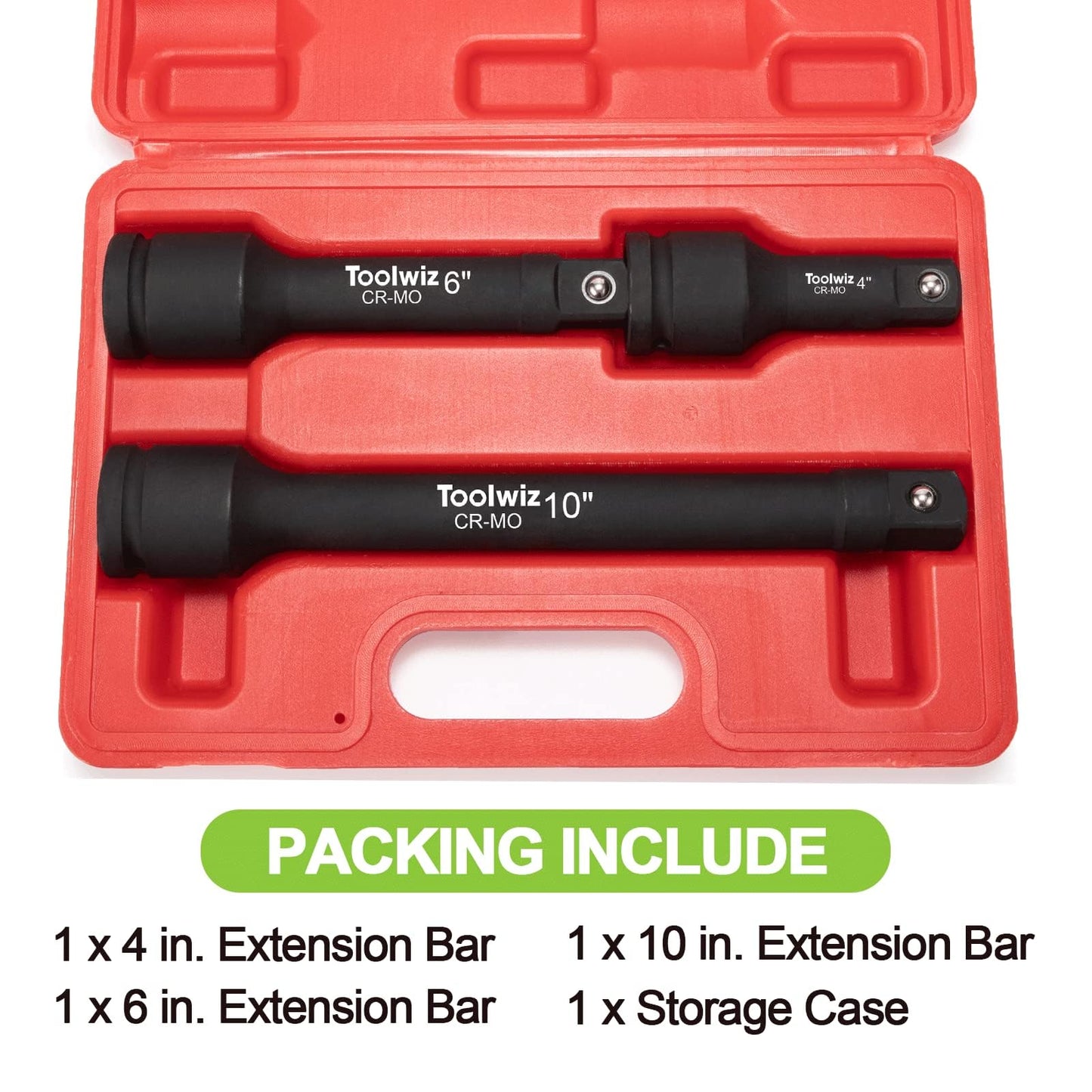 Toolwiz 3/4” Drive Impact Extension Bar 4”, 6”, 10” (3 Piece) Cr-Mo Steel, Expand The Range of Impact Drivers, Organized in PVC Box - Black 3/4 Ratchet Wrench Extension Bar Socket Set