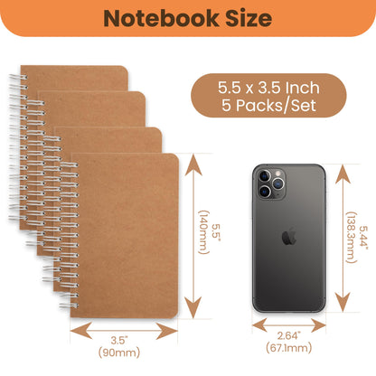 Spiral Notebook, 5 Pack Aesthetic Notebooks Spiral Journal Notepad Kraft Cover Lay Flat Sketchbook Journals for Writing Drawing Note Taking, 3.5”x5.5”, 180 Ruled Pages, 90 Sheets