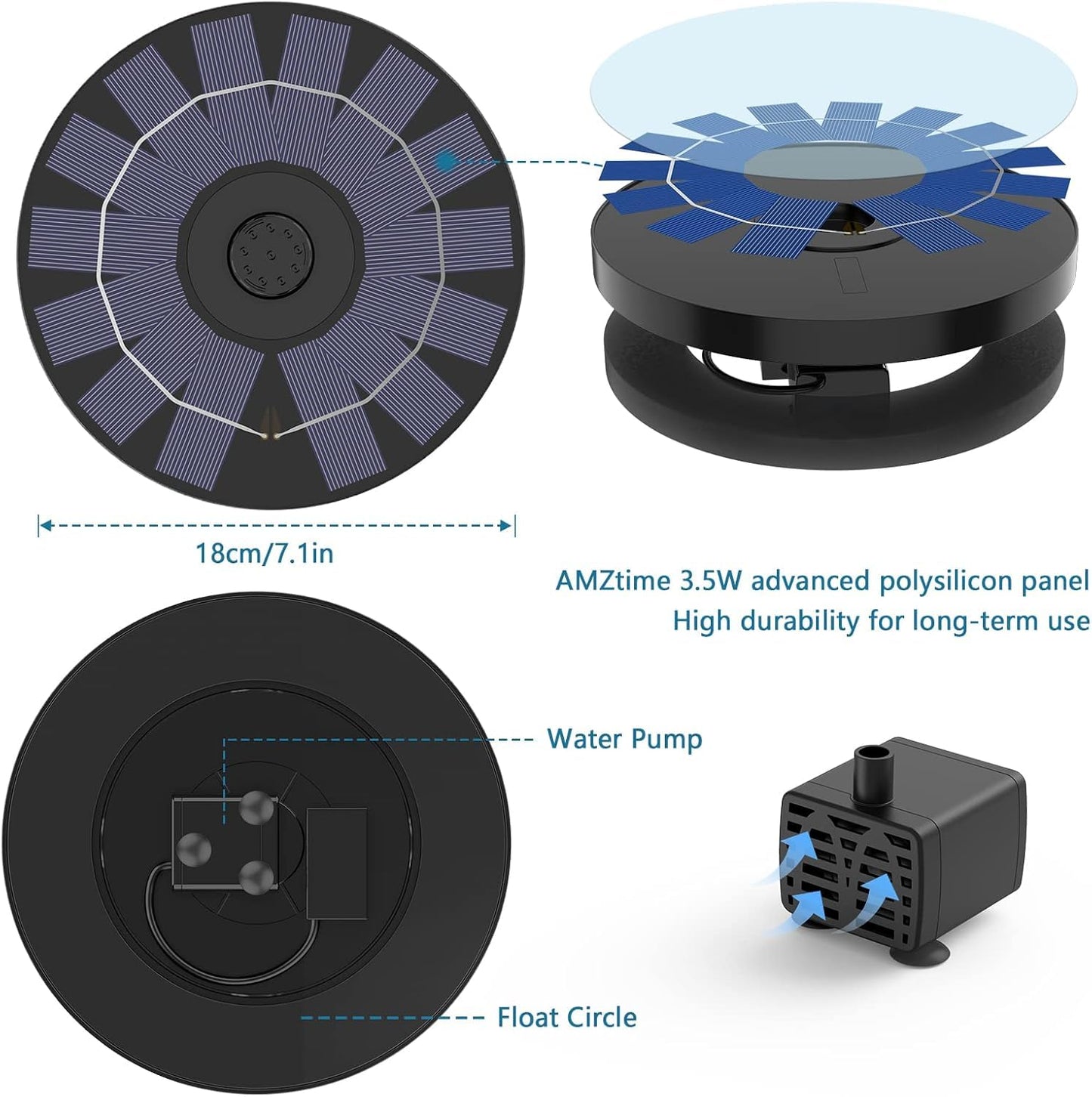 AMZtime Solar Fountain for Outdoors 2026 Upgrade 3.5W Solar Water Fountain, Solar Pond Pump with 10 Spray Effects - Floating Fountain Pump for Garden Pond, Bird Bath & Fish Tank