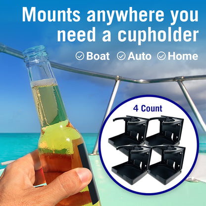 Boat Cup Holder, Set of 4 Folding Drink Holders, Wall Mountable for Boat, RV, and Motorhome, Marine Grade, Black Color