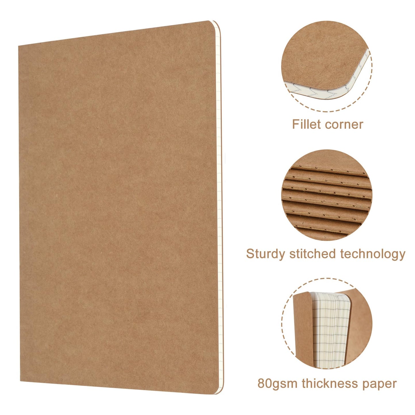 ZCZN A5 Square Grid Notebook 24 Pack, Kraft Jounurals Notebooks 60 Pages(30 Sheets), 8.15 * 5.5 Inches Notebooks Bulk, Diary, Subject, Memo Notebooks for Work, School, Office