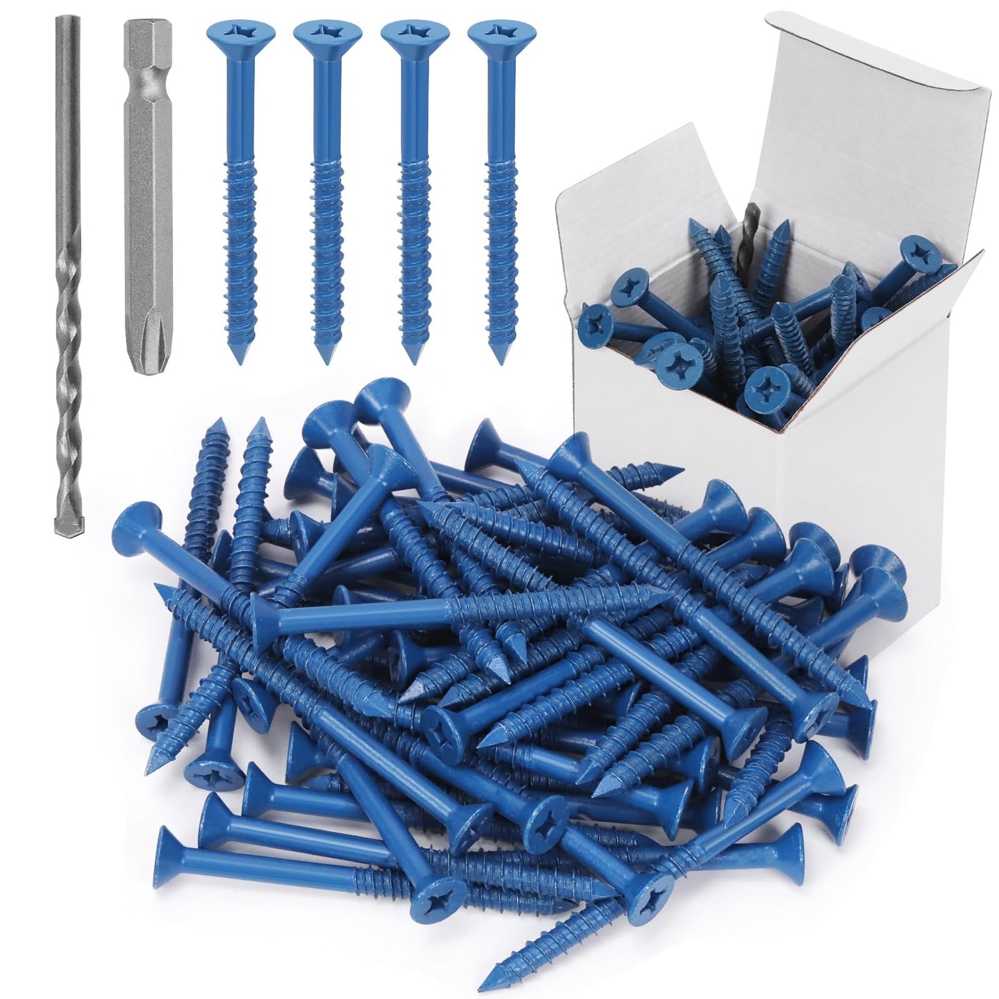Swpeet 52Pcs 1/4" x 3-1/4" Flat Head Concrete Screw Anchors with Screwdriver Bit and Drill Bit Assortment Kit, Concrete Screws Self Tapping Cement Screws for Anchoring to Masonry Block Brick Stucco