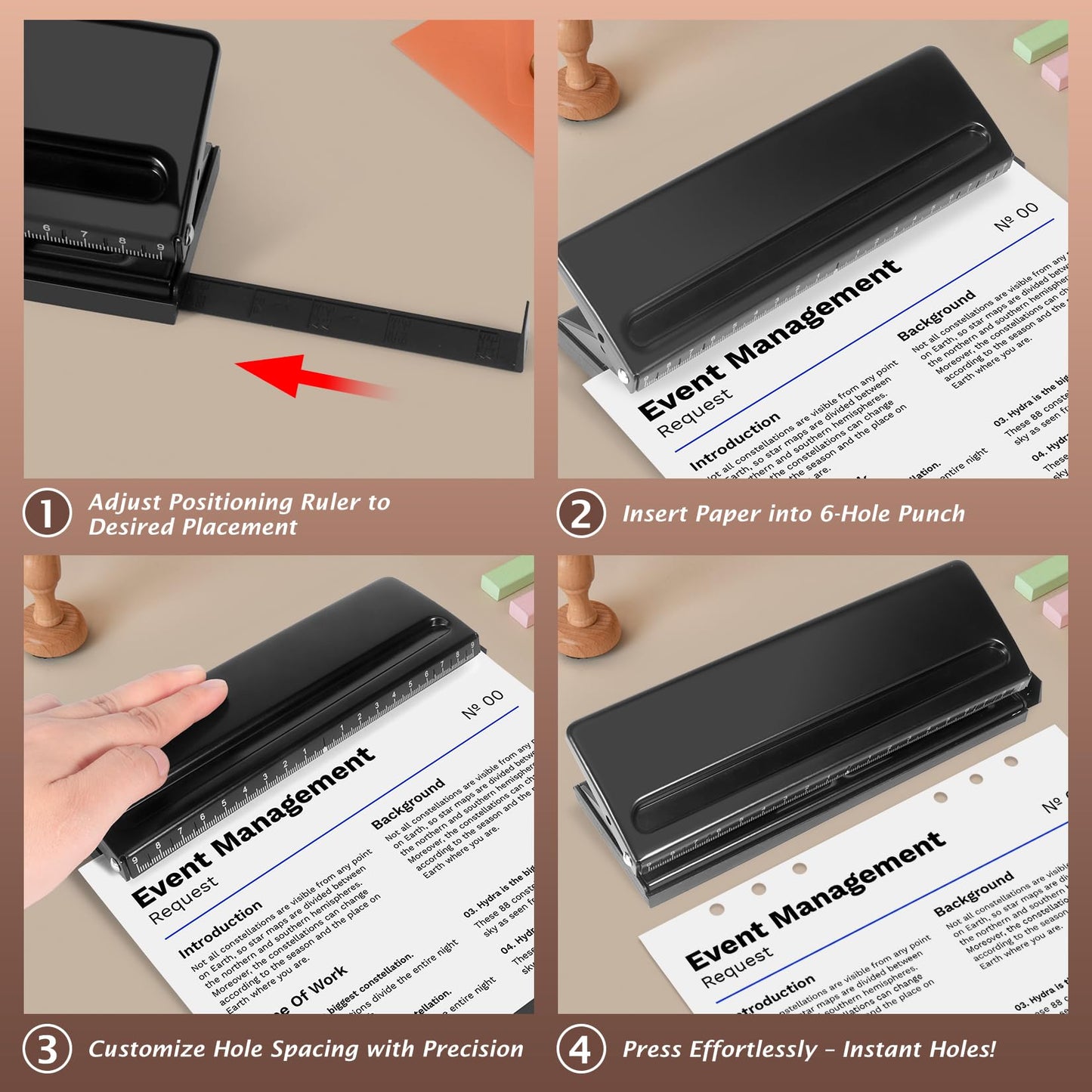 All Metal Adjustable 6-Hole Paper Puncher, A5 A6 A7 6 Ring Punch with Positioning Mark, 6 Sheet Capacities Puncher for Dairy Planner, Personal, Agenda, Binder Refill Pages (Black)