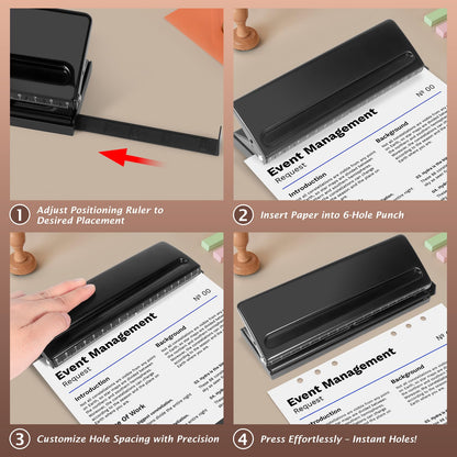 All Metal Adjustable 6-Hole Paper Puncher, A5 A6 A7 6 Ring Punch with Positioning Mark, 6 Sheet Capacities Puncher for Dairy Planner, Personal, Agenda, Binder Refill Pages (Black)