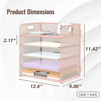 Supeasy 5 Trays Paper Organizer Letter Tray with Handle-Mesh Desk File Organizer, Paper Sorter for Office, Home or School, Pink