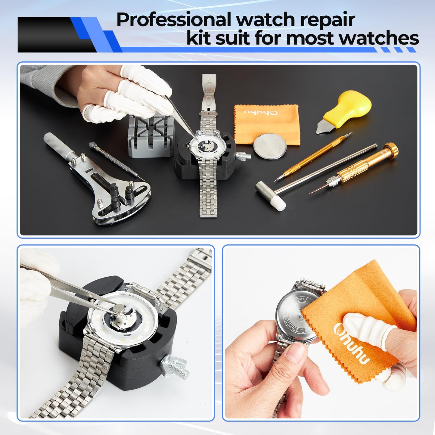 Watch Repair Kit, Ohuhu 192 PCS UPGRADED Heavy Duty Watch Link Removal Battery Replacement Band Tool Kit, Watch Back Remover Tool Professional Watch Repair Opener Tools with PU Leather Bag User Manual