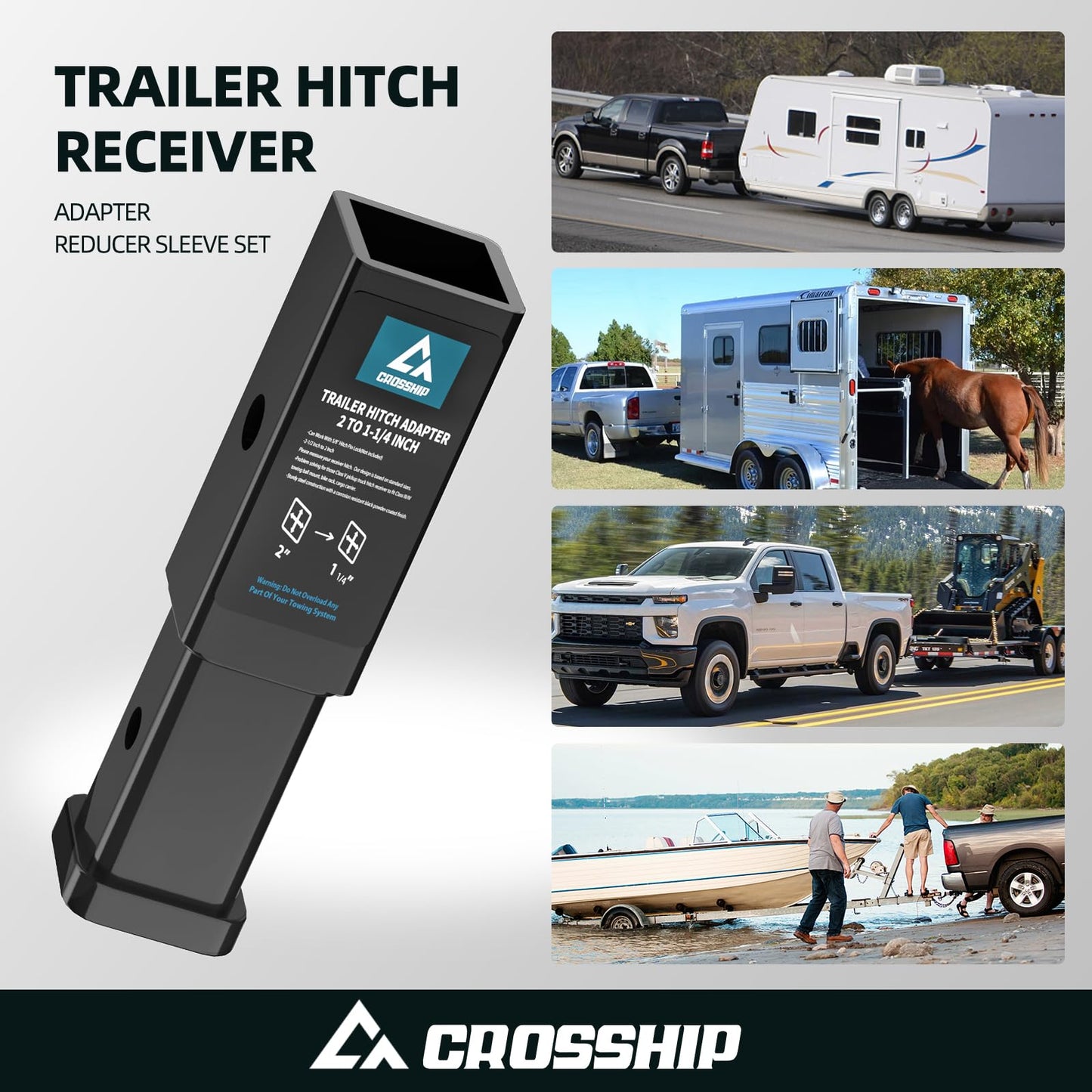 CROSSHIP Trailer Hitch Receiver Extender Adapter Reducer, 1-1/4 inch to 2 inch, Extender to 6-1/2" Extension Length, 350 LBS Capacity for Cargo Carriers & Bike Racks (Carbon Steel, Black)