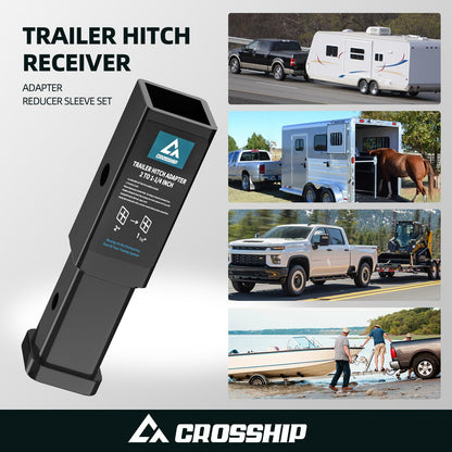 CROSSHIP Trailer Hitch Receiver Extender Adapter Reducer, 1-1/4 inch to 2 inch, Extender to 6-1/2" Extension Length, 350 LBS Capacity for Cargo Carriers & Bike Racks (Carbon Steel, Black)