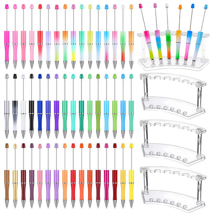 52 Pcs Beadable Pens Bulk Set, 48 Plastic Beaded Pen with 4 Clear Display Stands, Refillable Black Ink Cute Craft Pens for DIY, Personalized Gifts, Classroom Rewards, School, Office