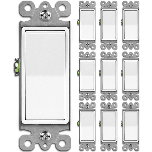 [10 Pack] BESTTEN Single Pole Decorator Wall Light Switch, 15A 120/277V, On/Off Rocker Paddle Interrupter, cUL Listed, White