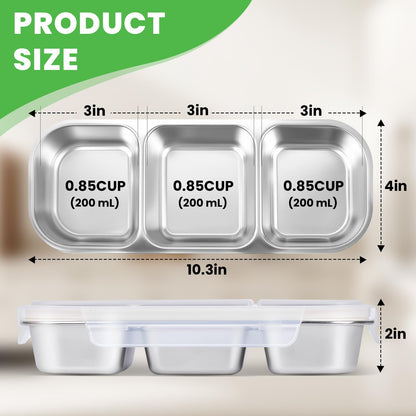 2 PACK Stainless Steel Snack Containers with Lids, 600ML 3 Compartments Divided, Reusable Leakproof Home Food Storage Containers, Grab and Go Lunch Box for Kids