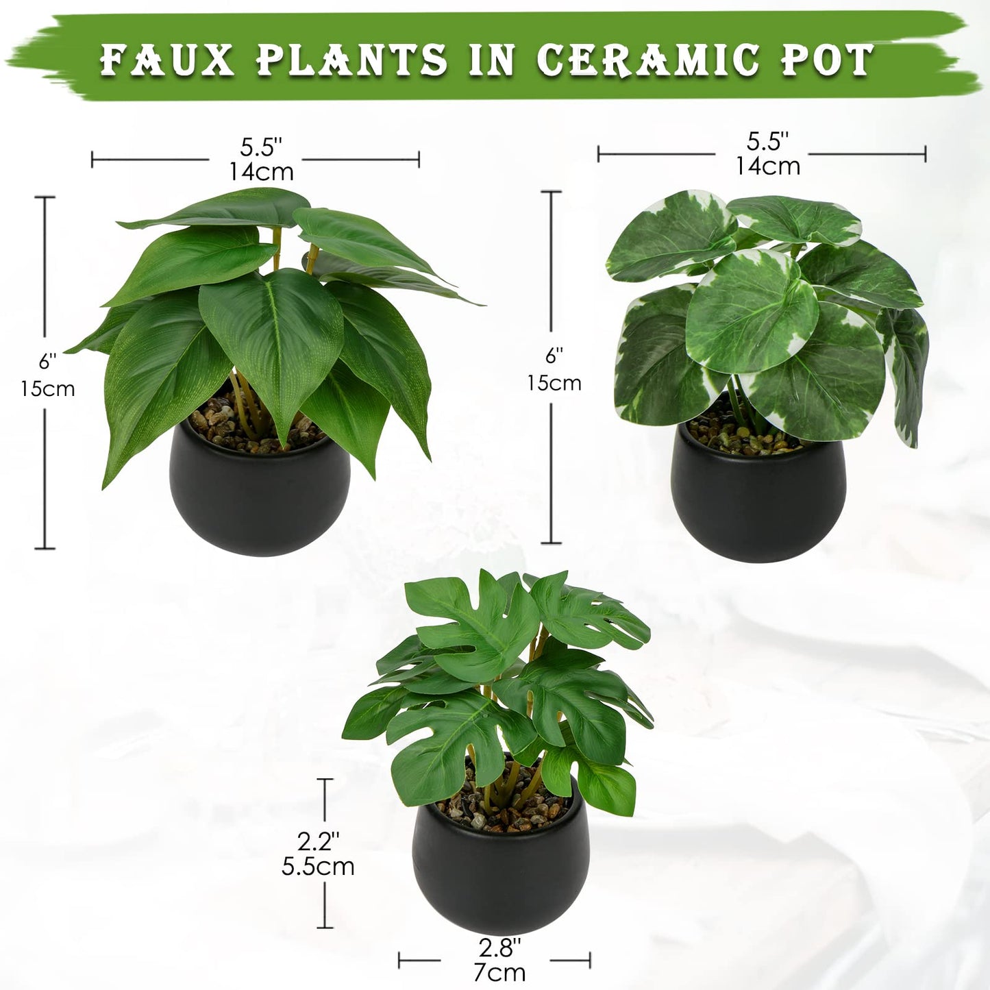 3 Pack Fake Plants Potted Artificial Plants Mini Faux Plants in Black Ceramic Pots Greenery Décor for Home Office Table Room Farmhouse Indoor Decoration