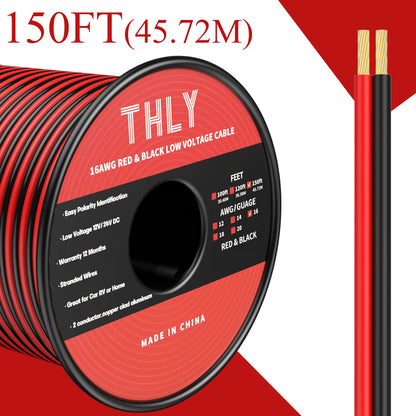 THLY 16 Gauge Wire 150FT, 2 Conductor Red & Black Electrical Cable, 12V Low Voltage Automotive Wire for LED Light, Speaker, Car, Marine, Ship, Solar, Battery