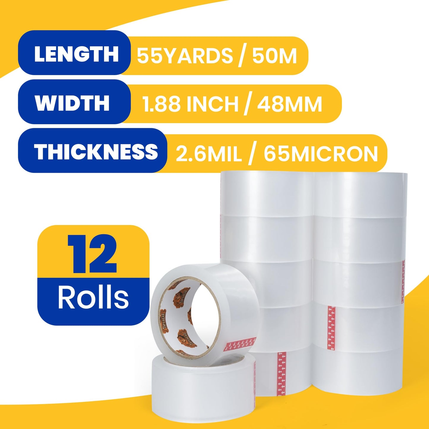 TAPEBEAR Clear Packing Tape 12 Rolls, Heavy Duty Shipping Tape 1.88 Inch x 55 Yard Packaging Tape 2.6mil Thick Transparent Tape Refills for Moving, Storage, Sealing, 660 Total Yards