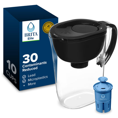 Brita 10 Cup Elite Filter Pitcher with Smart Light Indicator, Reduces 30+ Contaminants including Lead and Microplastics, Filter lasts 6 months, Tahoe, Black