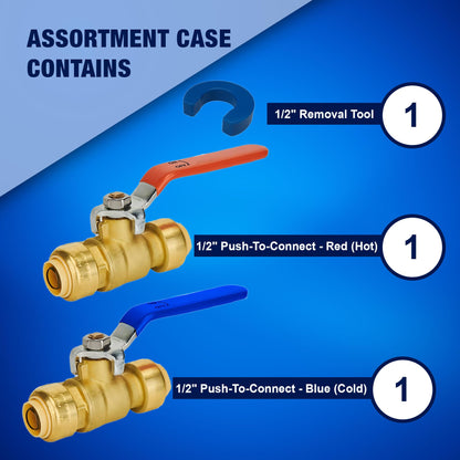 New Age America® 3pcs Push-Fit Ball Valve AquaFlow 360™ | 1/2" Ball Valve Shut Off | 1pc Hot (Red) & 1pc Cold (Blue) w Removal Tool | Full Port Shut Off | 1/4" Turn | Push-to-Connect | NSF/ANSI & UPC