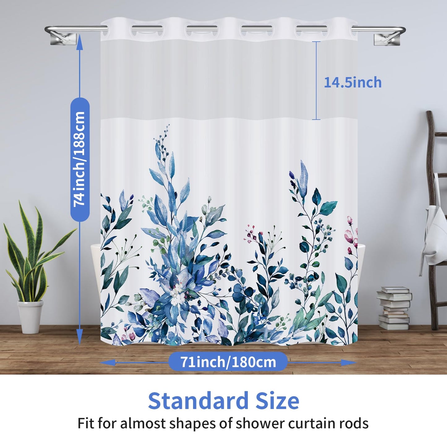 REZAYMRS Floral 3 in 1 Shower Curtain No Hooks Design, 71x74 inch Waterproof & Washable, Polyester Shower Curtains with Snap in Fabric Liner, Sheer Top Window, Double Layer Bathtubs Hotel Curtain Set