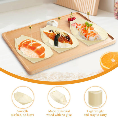 Supkiir 300 Pcs Disposable Wooden Boat Plates with Cocktail Picks, 14 cm Wood Boat Plates for Appetizer, Small Sushi Boat Serving Tray Food Container for Catering, Home and Party