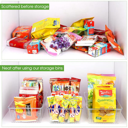 ZIZOTI Clear Pantry Organizer Storage Bins 4 Pack Plastic Removable Snack Organizer Pantry Organization Storage Racks with Removable Dividers, Perfect for Snacks, Packets, Spices, Kitchen, Cabinets