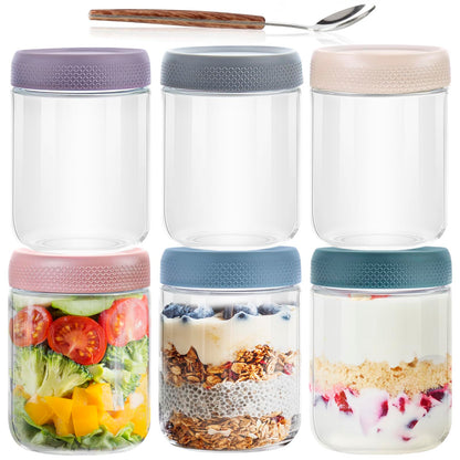 16 OZ Overnight Oats Jar,6 Pack Glass Jar with Lid and Spoon,Reusable Wide Mouth Mason jars for Overnight Oats,Yogurt Snacks Fruit, Salad Dressing, Sauce,Cereal-Leak Proof(500 ml)