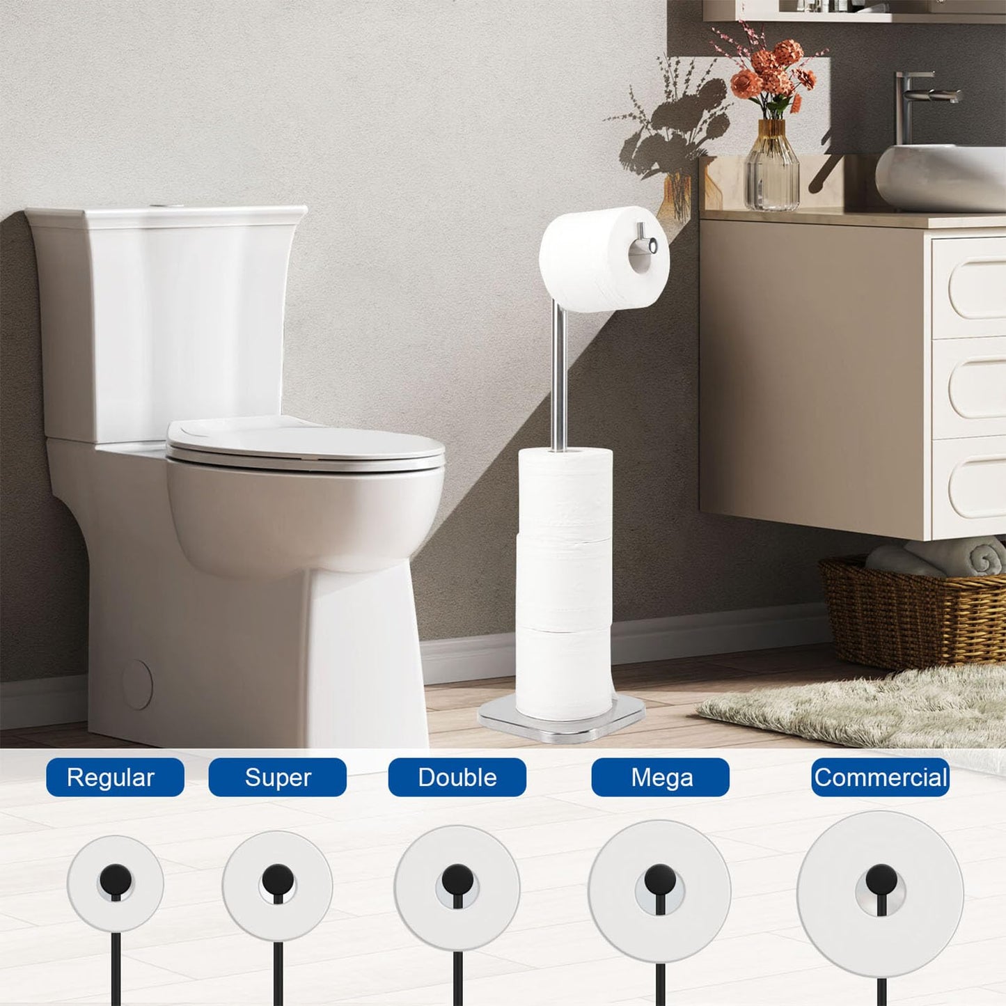 TocTen Toilet Paper Holder Stand, Free Standing Toilet Paper Holder with Reserve, Stainless Steel Weighted Base Toilet Tissue Paper Roll Storage Holder for 5 Rolls of Toilet Tissue(Brushed Nickel)