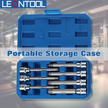 LEONTOOL Extra Long Torx Star Bit Socket Set 7 Piece T25-T60, 3/8" Drive 110mm Long Torx Bit Socket Set, Star Screwdriver Bit Set S2 Alloy Steel Impact Torx Socket Set with Portable Storage Case