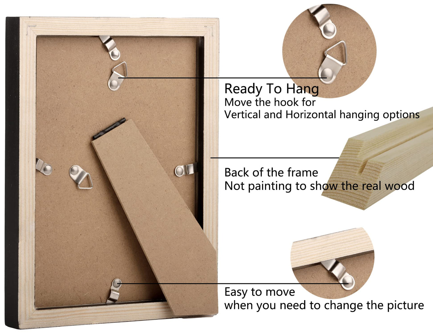 AEVETE 5x7 Picture Frames Black 4 pack Made of Natural Solid Wood Display Photos 5x7 4x6, Both Vertical and Horizontal Supported