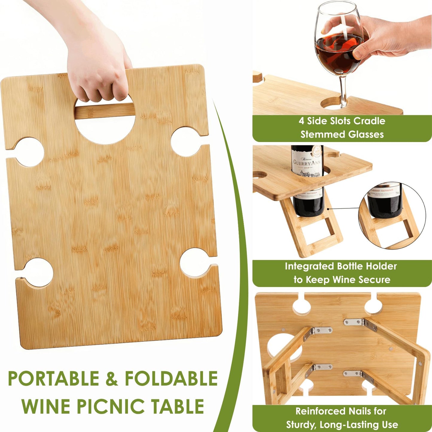 YOUEON Portable Wine Picnic Table with 5 Wine Glasses Holder, Foldable Champagne Snack Tables, Beverage and Cheese Table for Picnic, Camping, Park, Beach, Outdoor Lover Gift