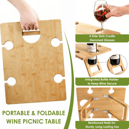 YOUEON Portable Wine Picnic Table with 5 Wine Glasses Holder, Foldable Champagne Snack Tables, Beverage and Cheese Table for Picnic, Camping, Park, Beach, Outdoor Lover Gift